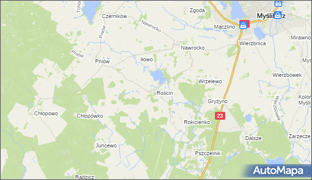 mapa Rościn gmina Myślibórz, Rościn gmina Myślibórz na mapie Targeo
