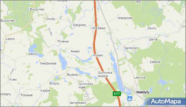 mapa Rybaki gmina Małdyty, Rybaki gmina Małdyty na mapie Targeo