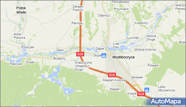 mapa Słupie gmina Modliborzyce, Słupie gmina Modliborzyce na mapie Targeo