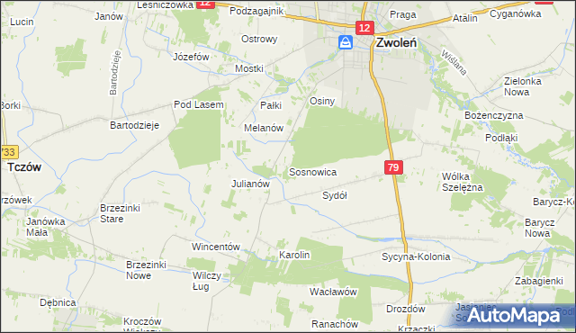 mapa Sosnowica gmina Zwoleń, Sosnowica gmina Zwoleń na mapie Targeo