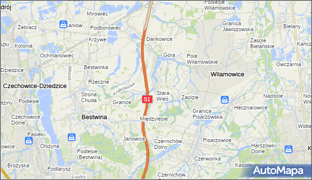 mapa Stara Wieś gmina Wilamowice, Stara Wieś gmina Wilamowice na mapie Targeo