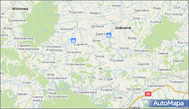 mapa Stróża gmina Dobra, Stróża gmina Dobra na mapie Targeo