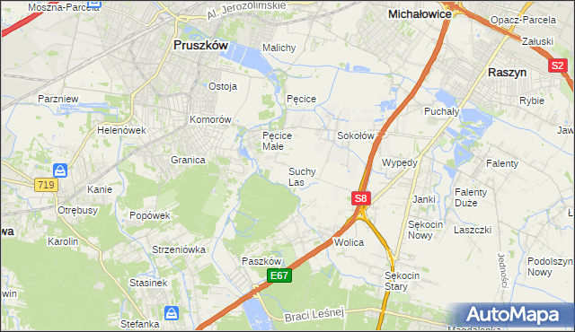 mapa Suchy Las gmina Michałowice, Suchy Las gmina Michałowice na mapie Targeo