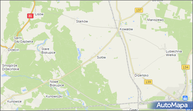 mapa Sułów gmina Rzepin, Sułów gmina Rzepin na mapie Targeo