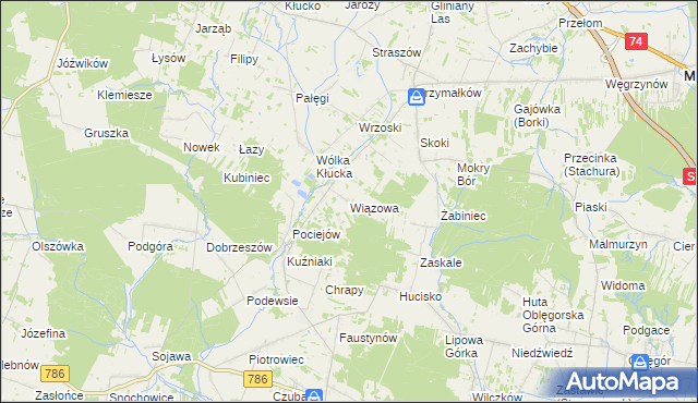 mapa Wiązowa gmina Mniów, Wiązowa gmina Mniów na mapie Targeo
