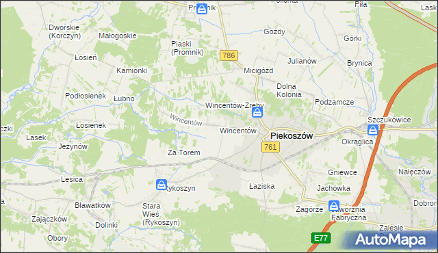mapa Wincentów gmina Piekoszów, Wincentów gmina Piekoszów na mapie Targeo