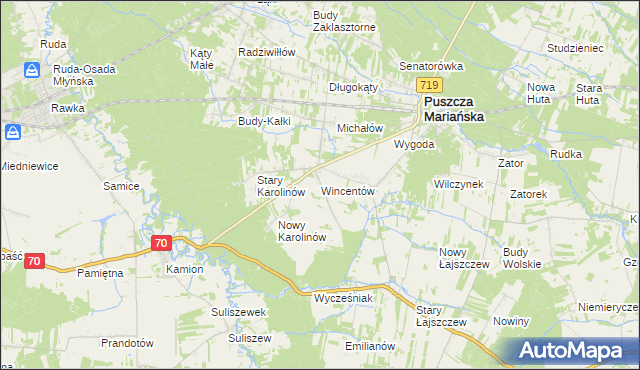 mapa Wincentów gmina Puszcza Mariańska, Wincentów gmina Puszcza Mariańska na mapie Targeo