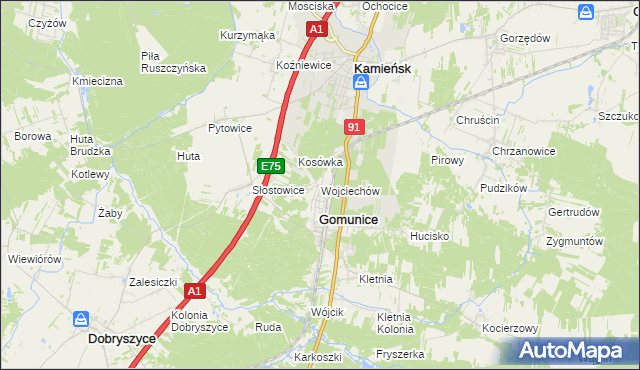 mapa Wojciechów gmina Gomunice, Wojciechów gmina Gomunice na mapie Targeo