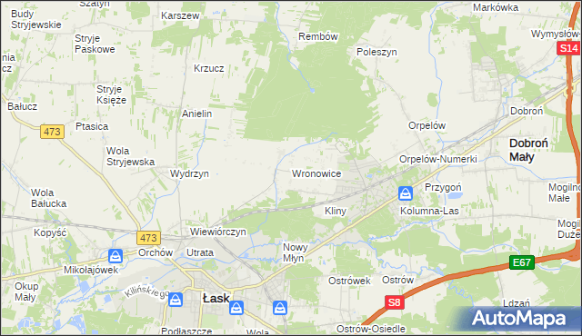 mapa Wronowice gmina Łask, Wronowice gmina Łask na mapie Targeo