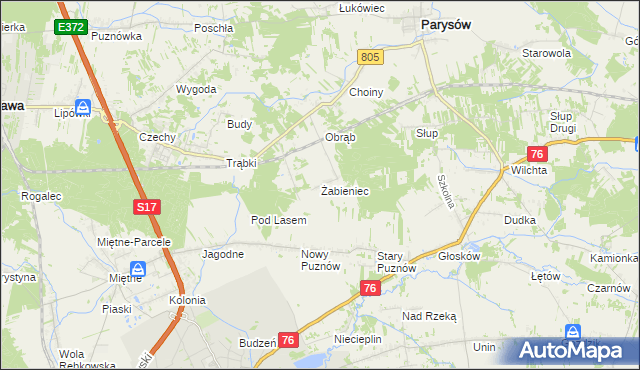 mapa Żabieniec gmina Parysów, Żabieniec gmina Parysów na mapie Targeo