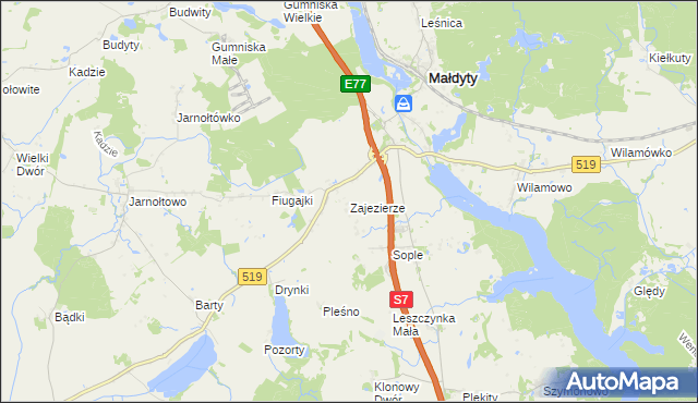 mapa Zajezierze gmina Małdyty, Zajezierze gmina Małdyty na mapie Targeo