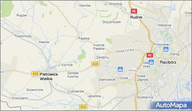 mapa Żerdziny gmina Pietrowice Wielkie, Żerdziny gmina Pietrowice Wielkie na mapie Targeo