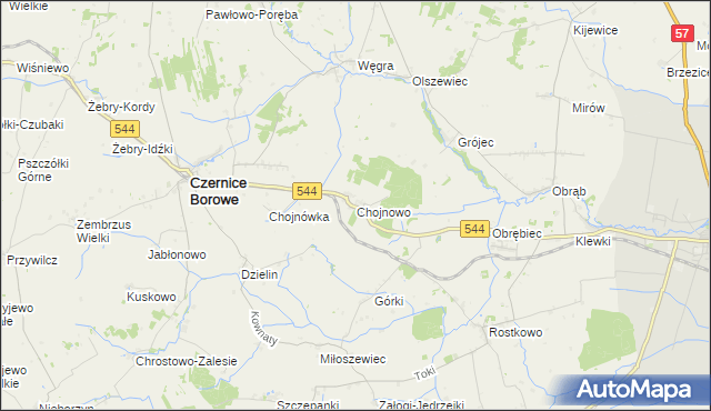 mapa Chojnowo gmina Czernice Borowe, Chojnowo gmina Czernice Borowe na mapie Targeo