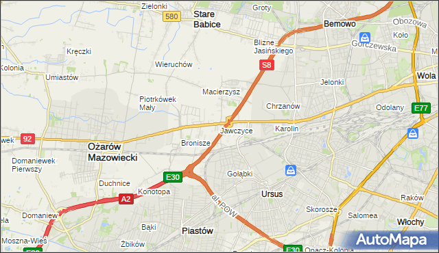 mapa Jawczyce gmina Ożarów Mazowiecki, Jawczyce gmina Ożarów Mazowiecki na mapie Targeo