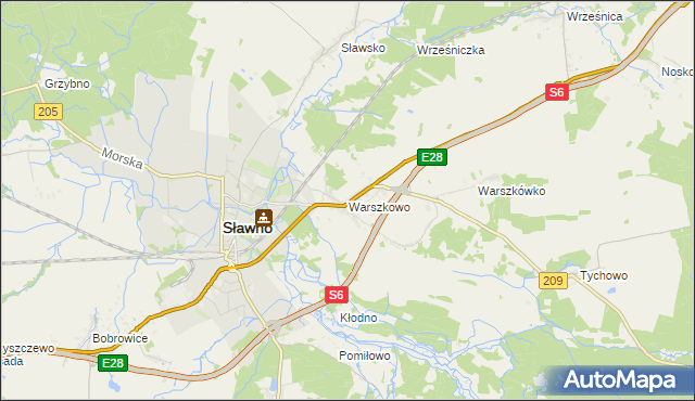 mapa Warszkowo gmina Sławno, Warszkowo gmina Sławno na mapie Targeo