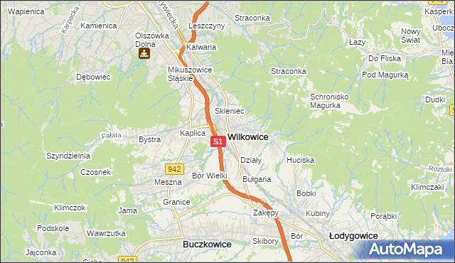 mapa Wilkowice powiat bielski, Wilkowice powiat bielski na mapie Targeo