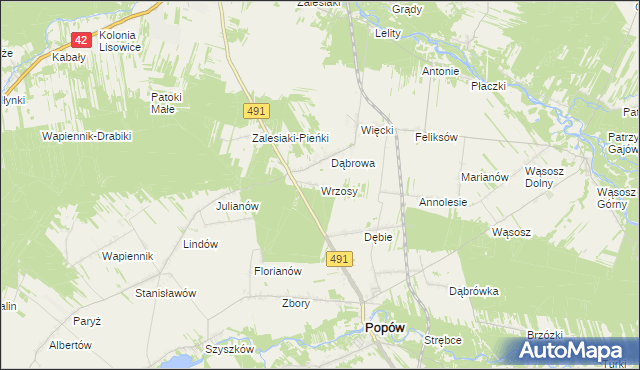 mapa Wrzosy gmina Popów, Wrzosy gmina Popów na mapie Targeo