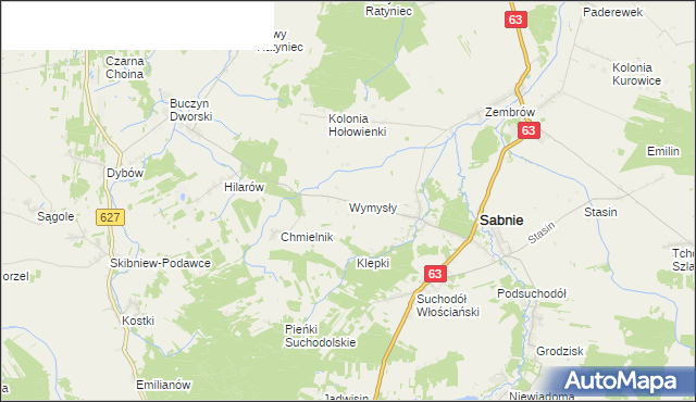 mapa Wymysły gmina Sabnie, Wymysły gmina Sabnie na mapie Targeo