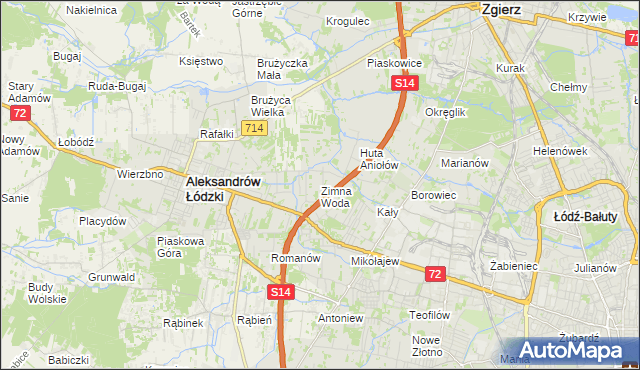 mapa Zimna Woda gmina Łódź, Zimna Woda gmina Łódź na mapie Targeo