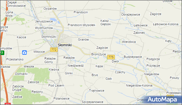 mapa Brończyce gmina Słomniki, Brończyce gmina Słomniki na mapie Targeo