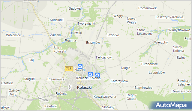 mapa Felicjanów gmina Koluszki, Felicjanów gmina Koluszki na mapie Targeo