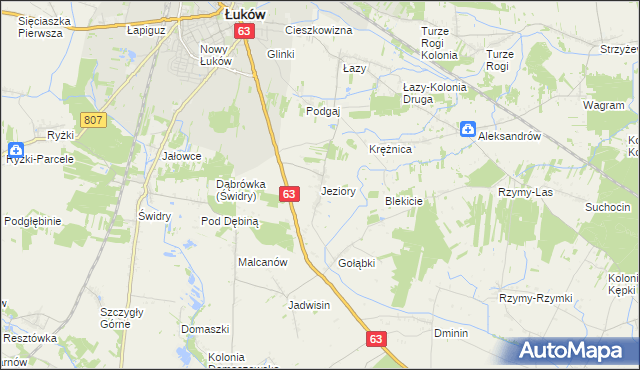 mapa Jeziory gmina Łuków, Jeziory gmina Łuków na mapie Targeo