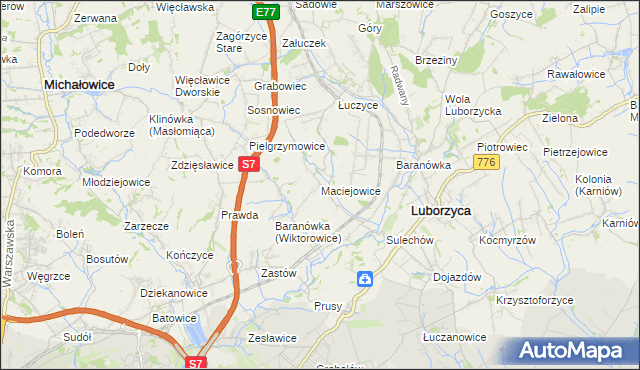 mapa Maciejowice gmina Kocmyrzów-Luborzyca, Maciejowice gmina Kocmyrzów-Luborzyca na mapie Targeo