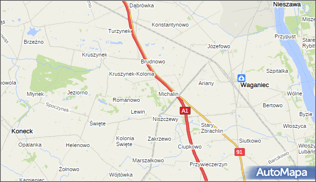 mapa Michalin gmina Waganiec, Michalin gmina Waganiec na mapie Targeo