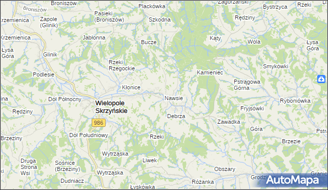mapa Nawsie gmina Wielopole Skrzyńskie, Nawsie gmina Wielopole Skrzyńskie na mapie Targeo