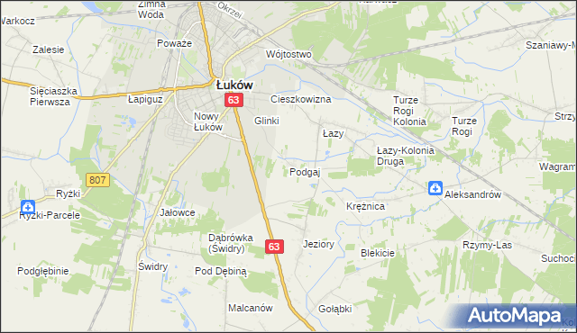 mapa Podgaj gmina Łuków, Podgaj gmina Łuków na mapie Targeo