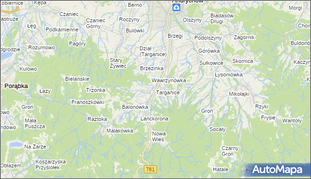 mapa Targanice, Targanice na mapie Targeo