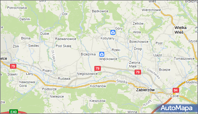 mapa Więckowice gmina Zabierzów, Więckowice gmina Zabierzów na mapie Targeo