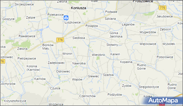 mapa Wierzbno gmina Koniusza, Wierzbno gmina Koniusza na mapie Targeo