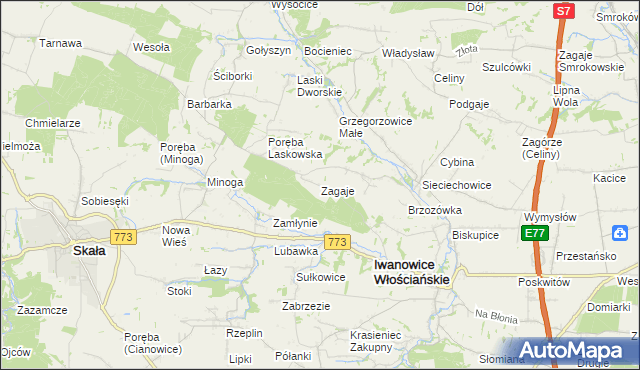 mapa Zagaje gmina Iwanowice, Zagaje gmina Iwanowice na mapie Targeo