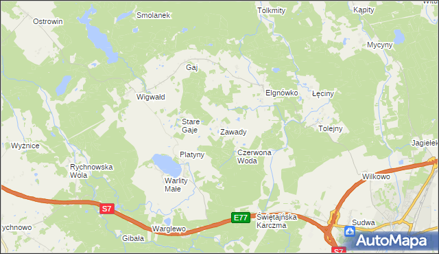 mapa Zawady gmina Olsztynek, Zawady gmina Olsztynek na mapie Targeo