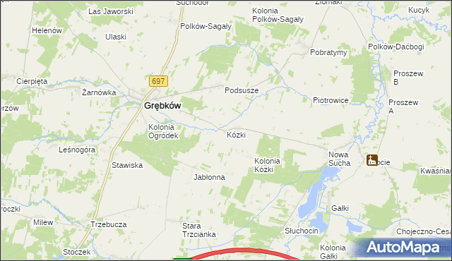 mapa Kózki gmina Grębków, Kózki gmina Grębków na mapie Targeo