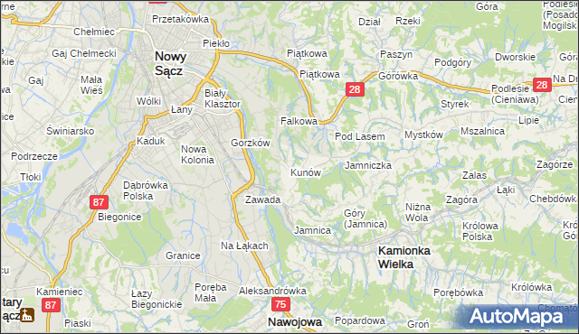 mapa Kunów gmina Chełmiec, Kunów gmina Chełmiec na mapie Targeo