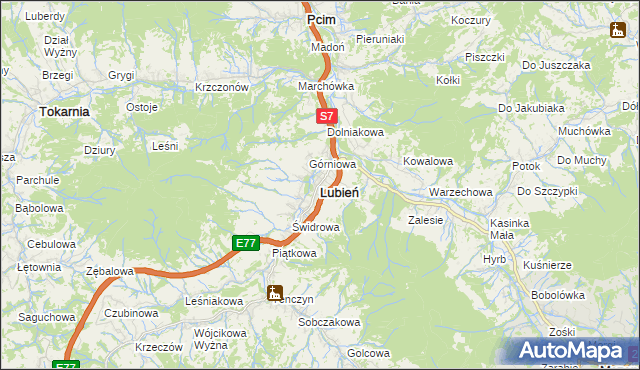 mapa Lubień powiat myślenicki, Lubień powiat myślenicki na mapie Targeo