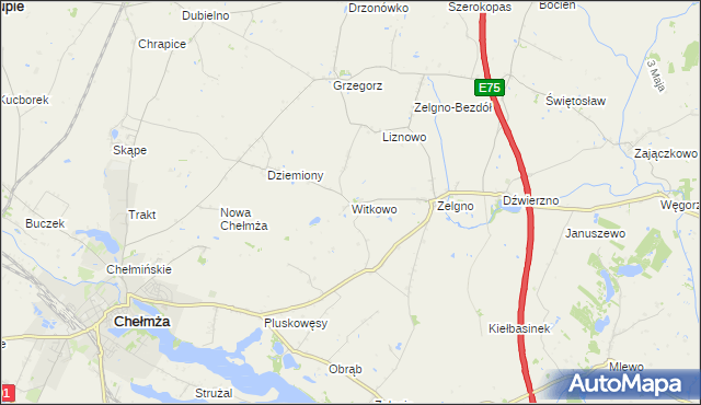 mapa Witkowo gmina Chełmża, Witkowo gmina Chełmża na mapie Targeo