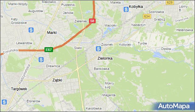mapa Zielonka powiat wołomiński, Zielonka powiat wołomiński na mapie Targeo