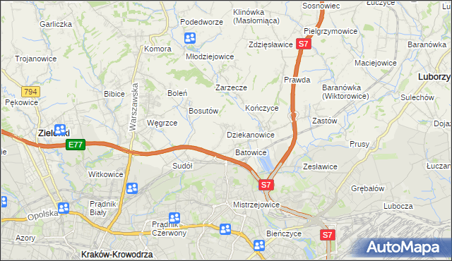 mapa Dziekanowice gmina Zielonki, Dziekanowice gmina Zielonki na mapie Targeo
