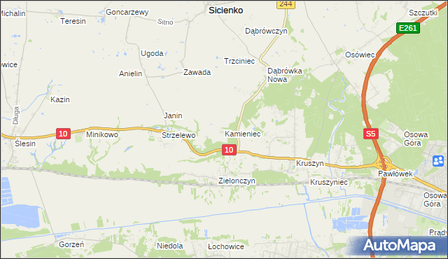 mapa Kamieniec gmina Sicienko, Kamieniec gmina Sicienko na mapie Targeo