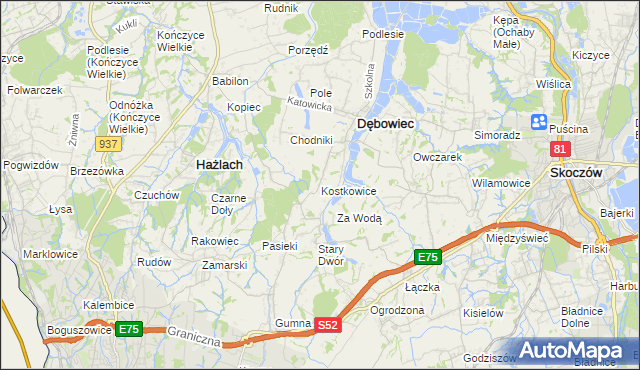 mapa Kostkowice gmina Dębowiec, Kostkowice gmina Dębowiec na mapie Targeo