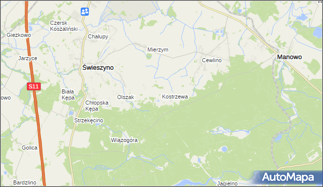 mapa Kostrzewa gmina Manowo, Kostrzewa gmina Manowo na mapie Targeo