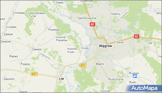 mapa Krypy gmina Liw, Krypy gmina Liw na mapie Targeo