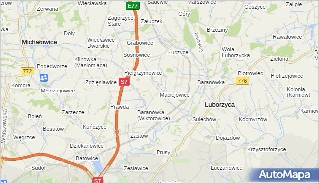 mapa Maciejowice gmina Kocmyrzów-Luborzyca, Maciejowice gmina Kocmyrzów-Luborzyca na mapie Targeo