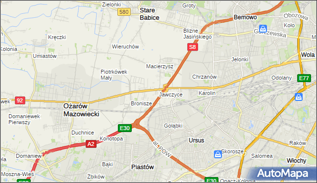 mapa Jawczyce gmina Ożarów Mazowiecki, Jawczyce gmina Ożarów Mazowiecki na mapie Targeo