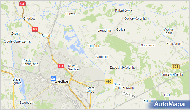 mapa Żabokliki gmina Siedlce, Żabokliki gmina Siedlce na mapie Targeo