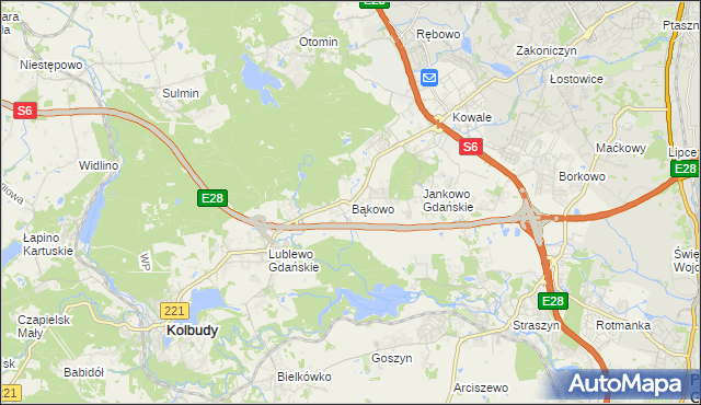 mapa Bąkowo gmina Kolbudy, Bąkowo gmina Kolbudy na mapie Targeo