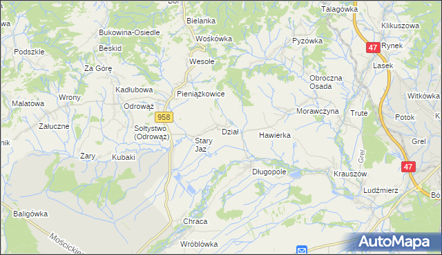 mapa Dział gmina Czarny Dunajec, Dział gmina Czarny Dunajec na mapie Targeo